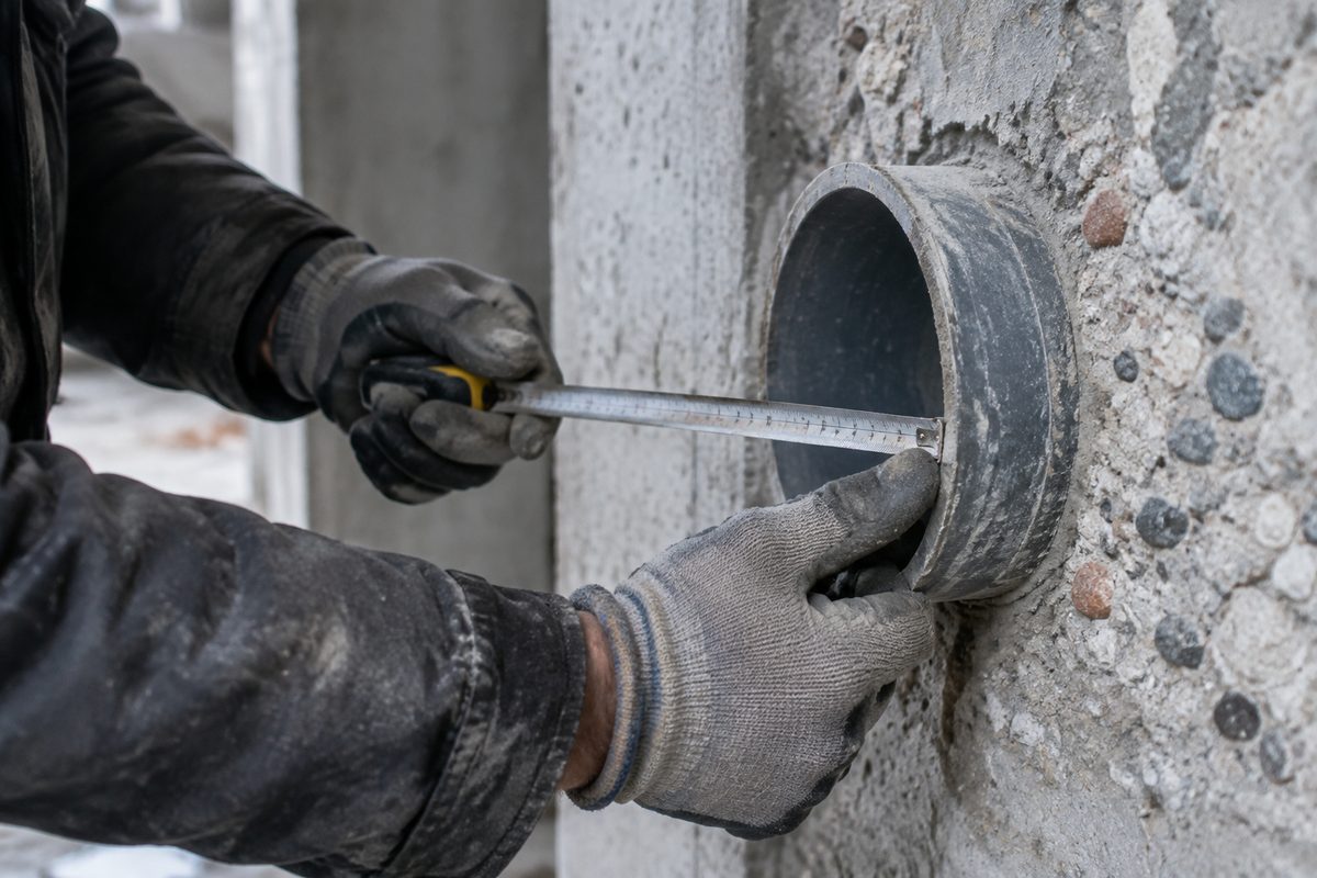 Tape measurement at a pipe sleeve in an unfinished concrete wall