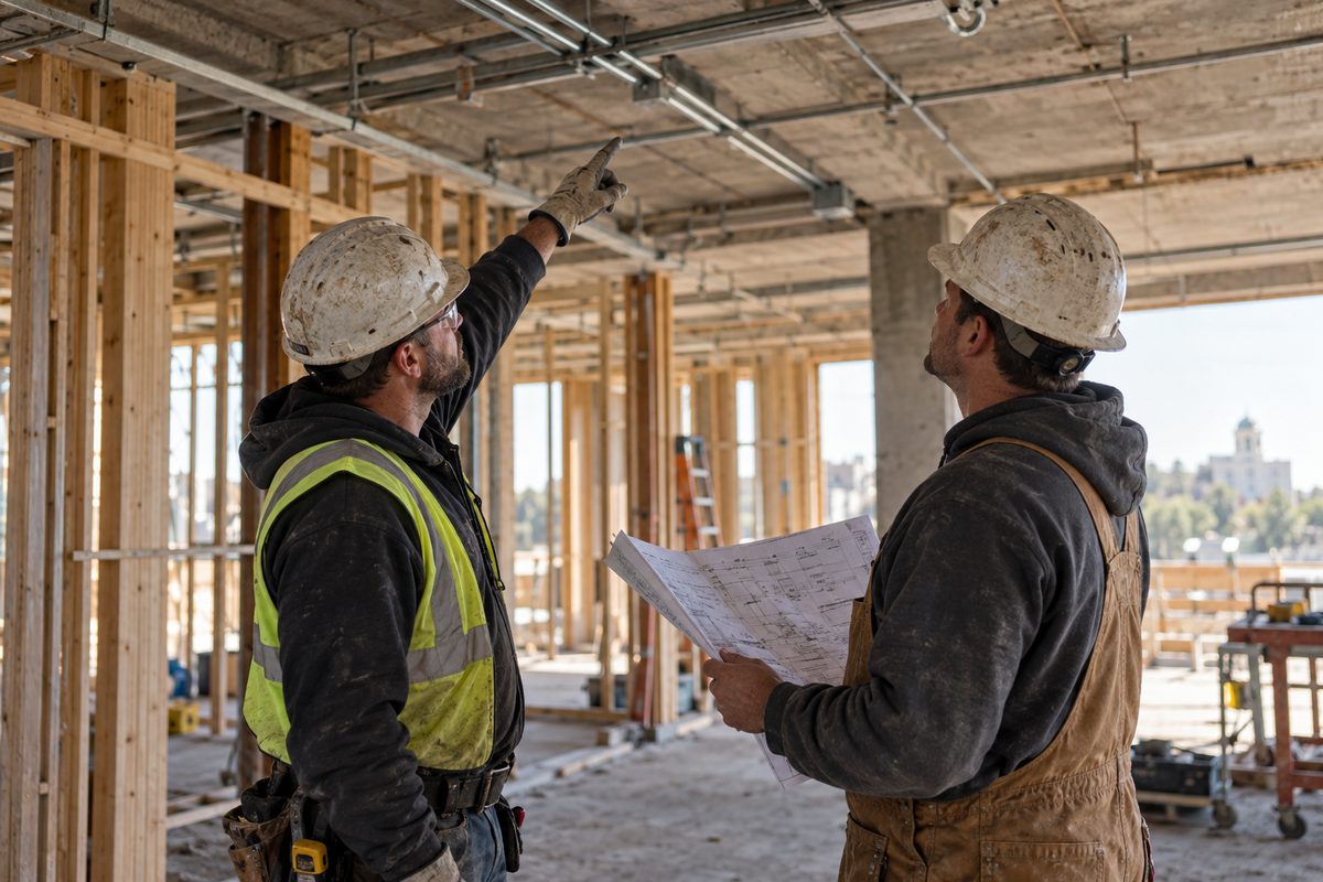 Exposed framing and service runs inside an unfinished building