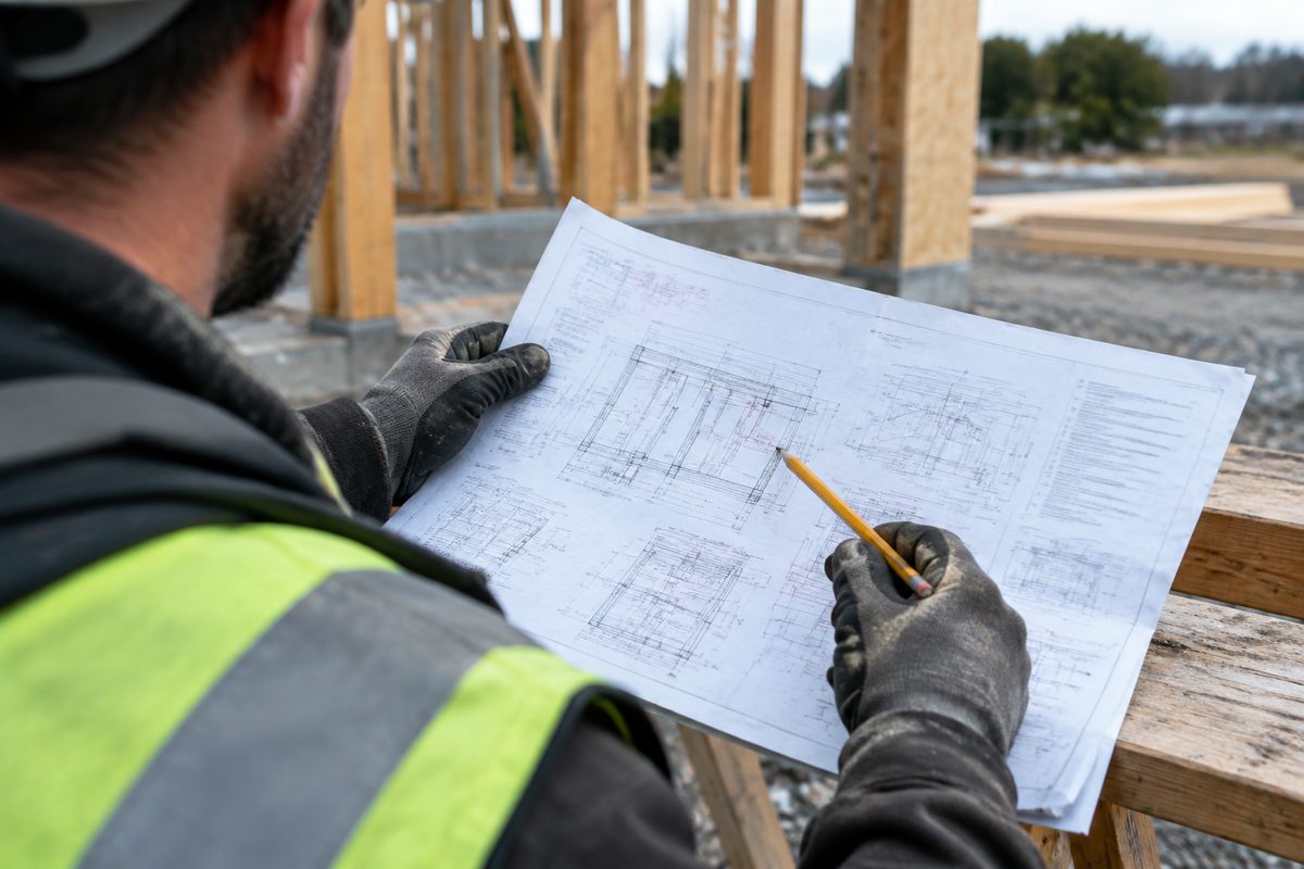 Construction drawing detail being checked on a temporary site trestle