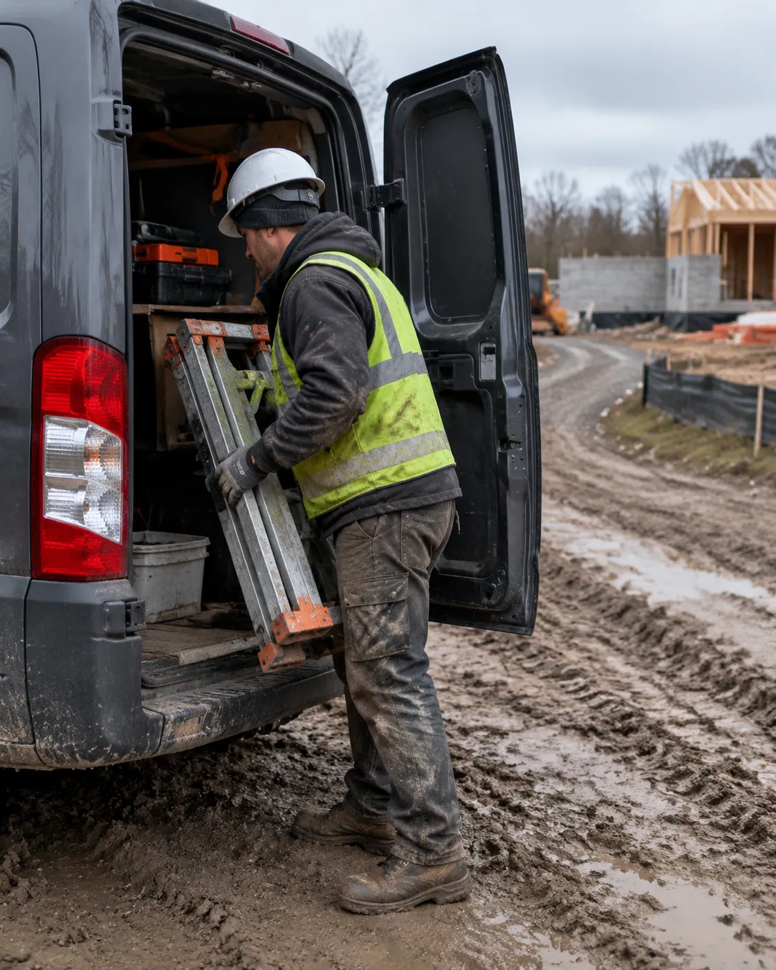 Worker unloading a folded trestle beside a construction entrance