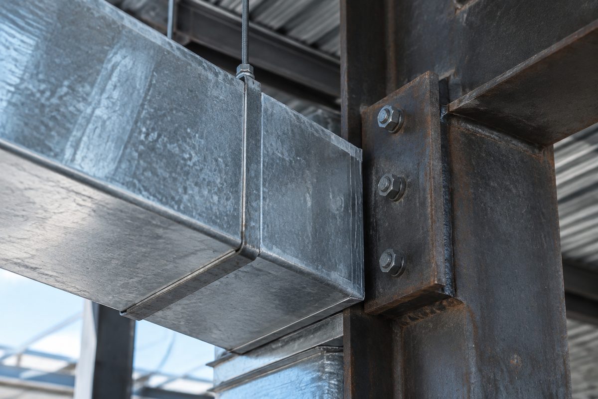 Galvanized duct passing beside a steel beam connection