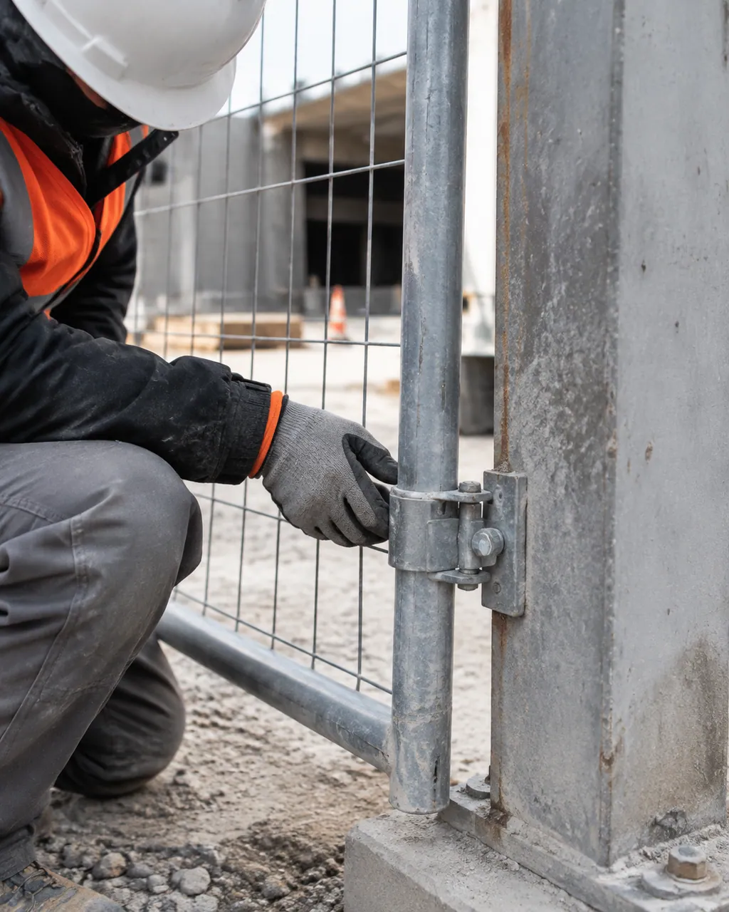 Construction worker checking a temporary barrier at a site entrance